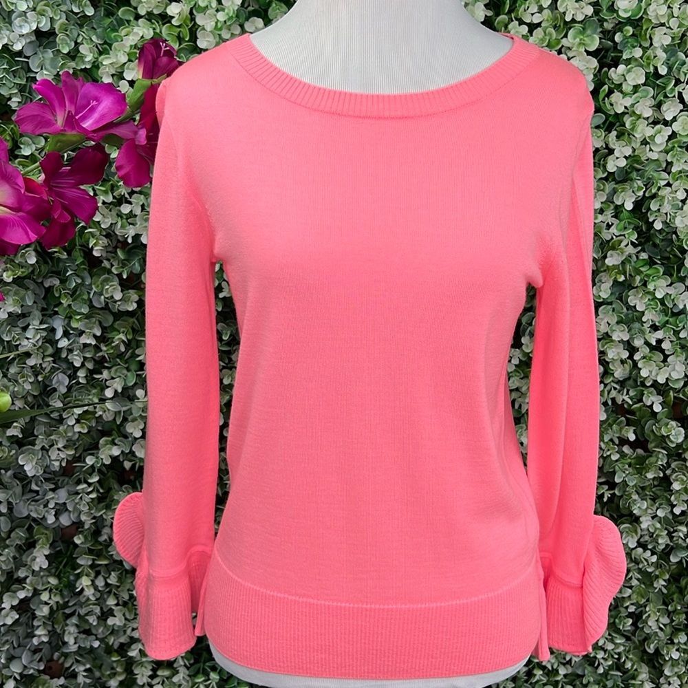 J. Crew 100% Merino Wool Pink Crew Neck Ruffle Sleeve Sweater NWT
